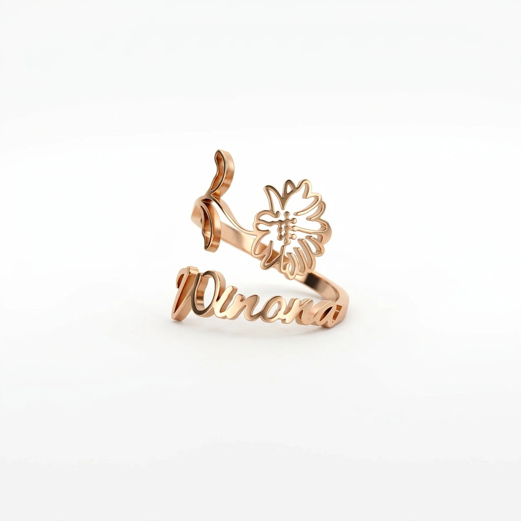 Bague Personnalisée Avec Prénom et Fleur de Naissance