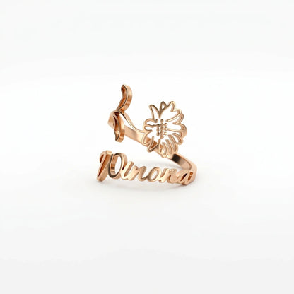 Bague Personnalisée Avec Prénom et Fleur de Naissance