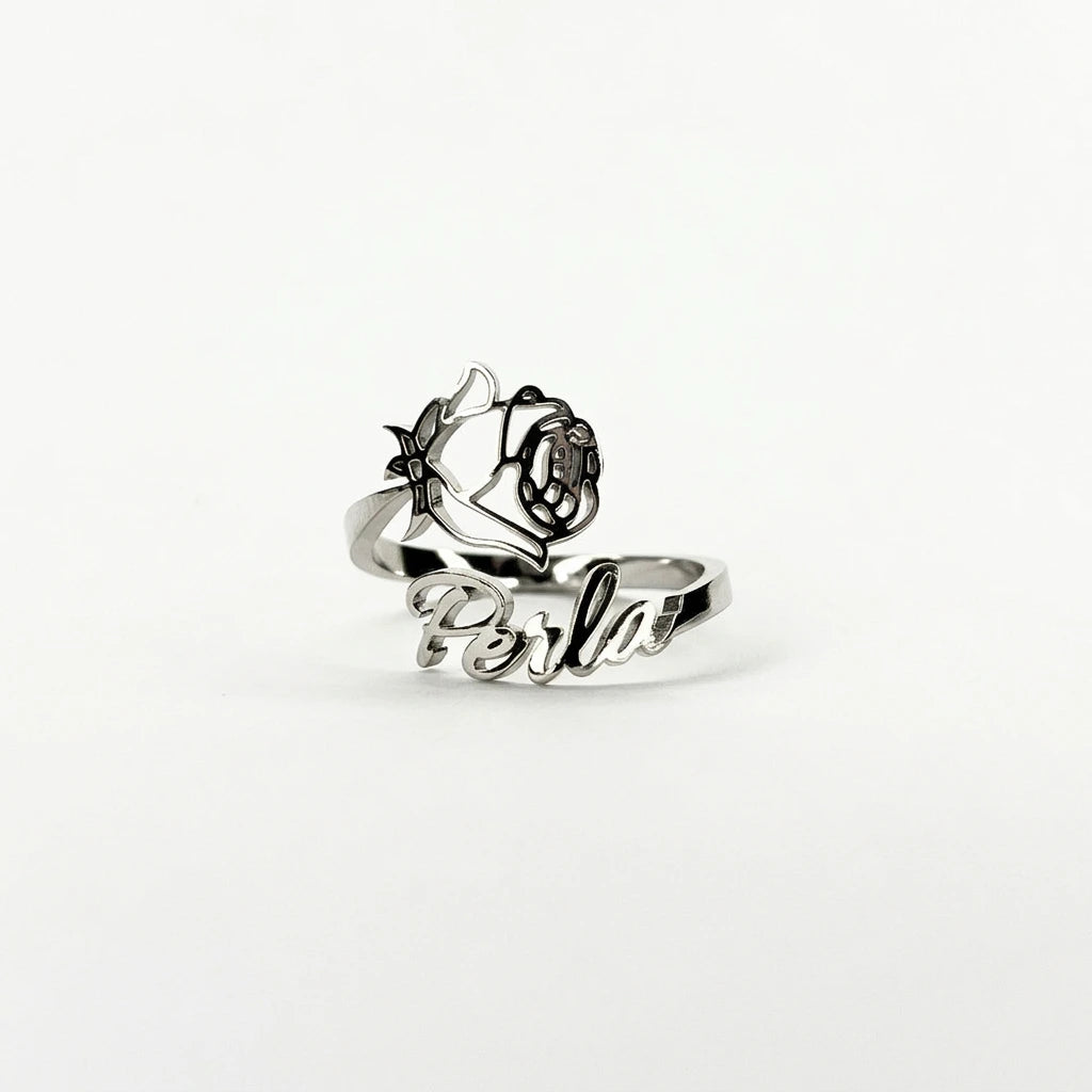 Bague Personnalisée Avec Prénom et Fleur de Naissance