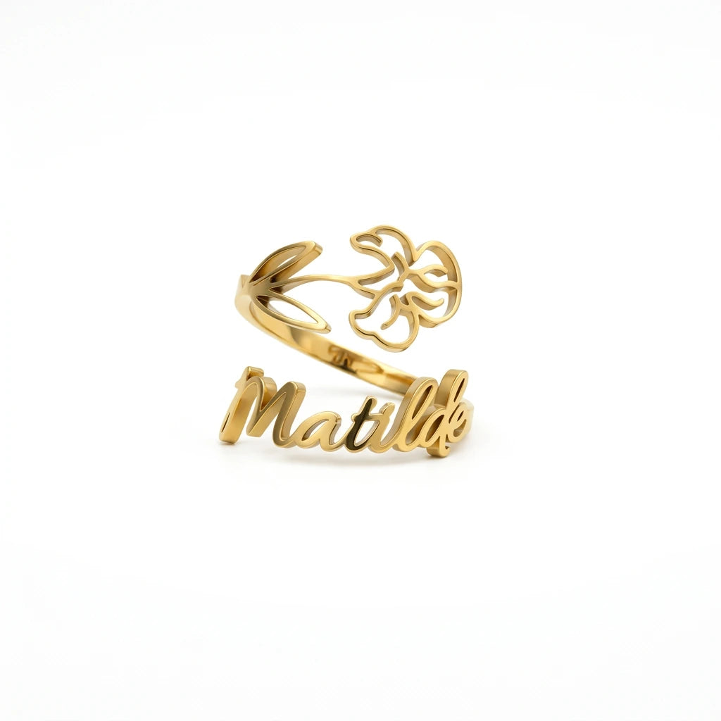 Bague Personnalisée Avec Prénom et Fleur de Naissance