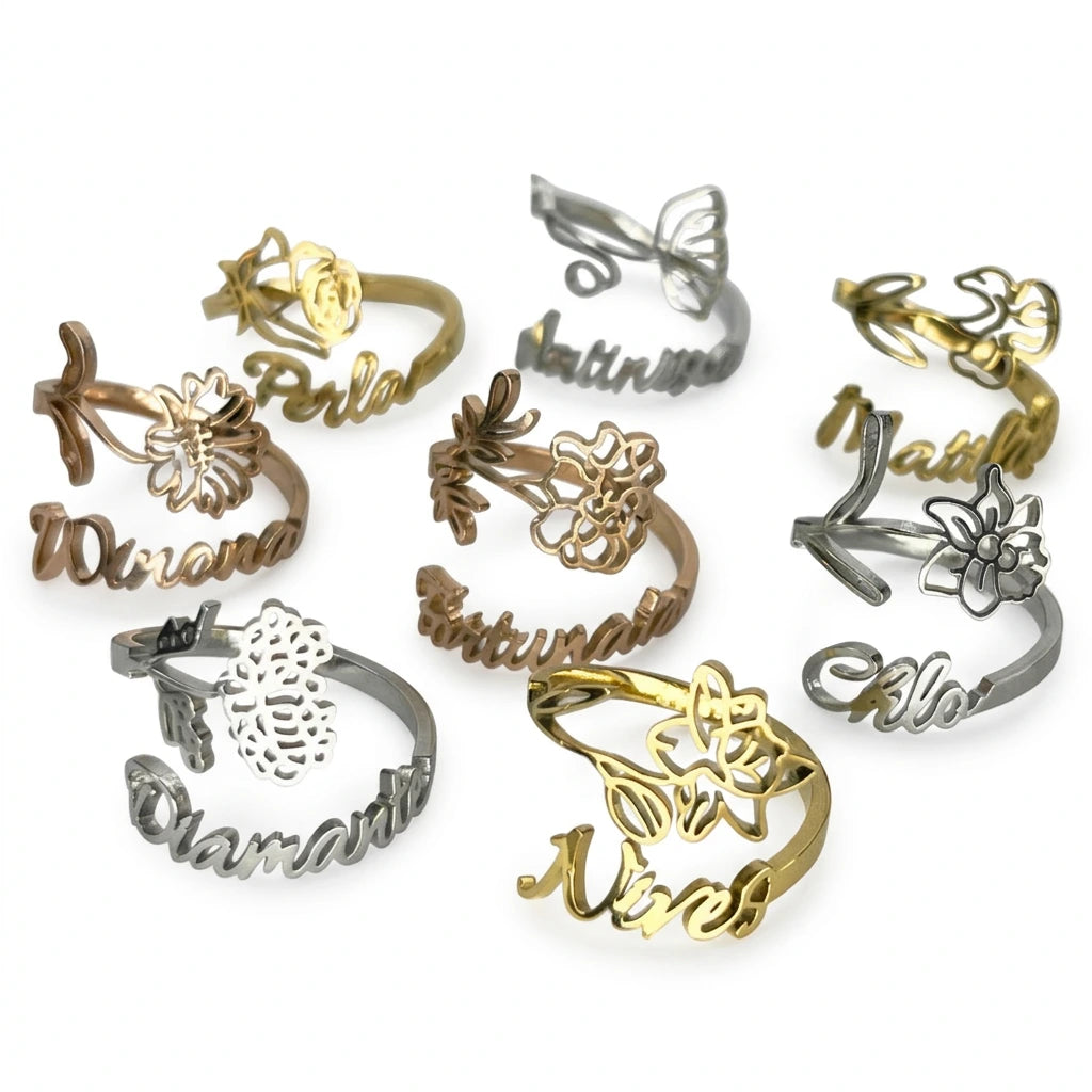 Bague Personnalisée Avec Prénom et Fleur de Naissance